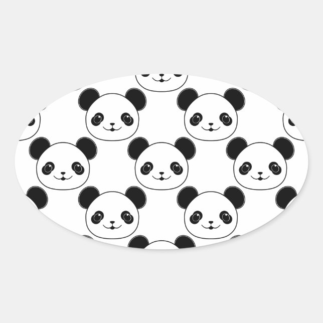 Pegatina Ovalada Patrón Kawaii Panda En Blanco Y Negro (Anverso)