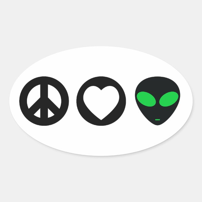 Pegatina Ovalada Peace Love Alien (Anverso)