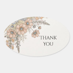 Pegatina Ovalada Peach Blue Floral Agradecimiento de Boda