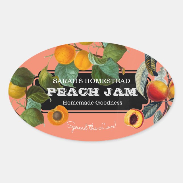 Pegatina Ovalada Peach Jam Preserve Label Fruto (Anverso)