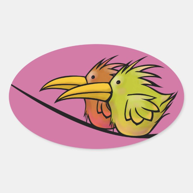 Pegatina Ovalada Pegatinas, 2 pájaros en un cable (Anverso)