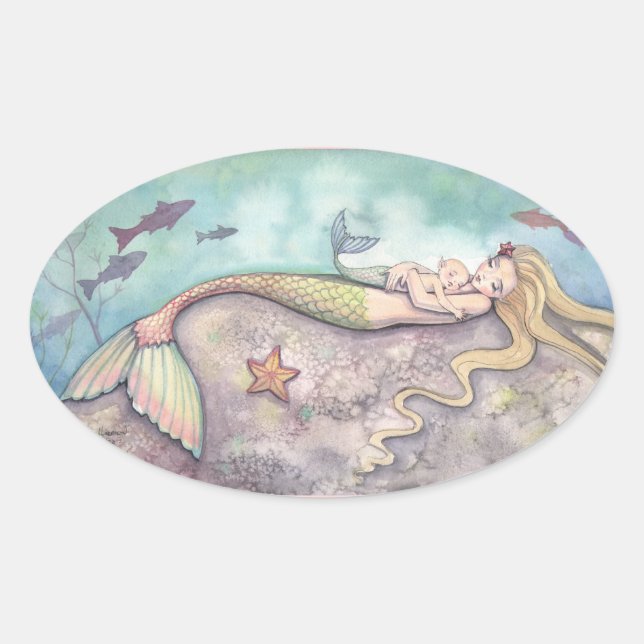 Pegatina Ovalada Pegatinas de arte de la fantasía de Sirena (Anverso)