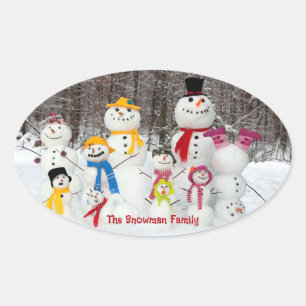 Pegatina Ovalada Pegatinas de Navidad de Snowman con nombre familia