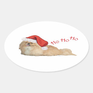 Pegatina Ovalada Pekingese Papá Noel