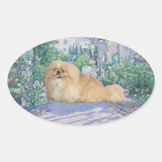 Pegatina Ovalada Pekingeses en Lavender (Anverso)