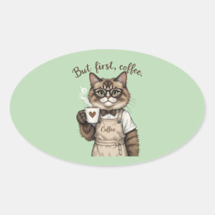 Pegatina Ovalada Pero Primero, Gato Café