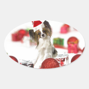 Pegatina Ovalada Perrito Papillon Lindo Sombrero de Santa de Navida