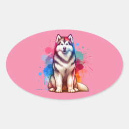 Pegatina Ovalada Perro Malamute de Alaskan