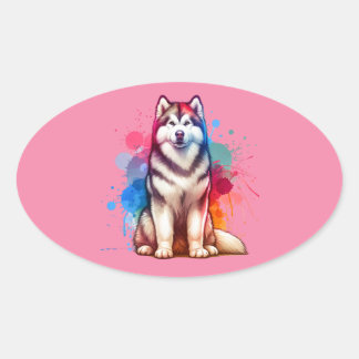 Pegatina Ovalada Perro Malamute de Alaskan