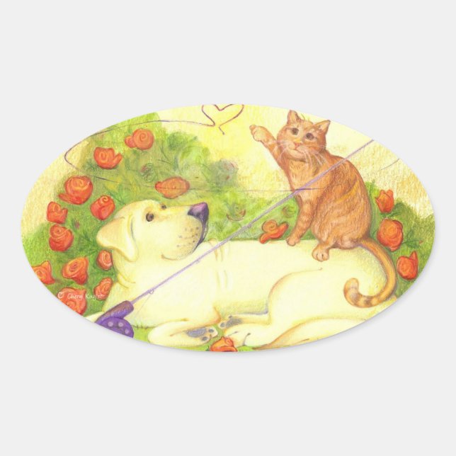 Pegatina Ovalada Perro pesquero y gato/Pegatinas (Anverso)