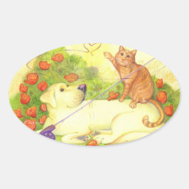 Pegatina Ovalada Perro pesquero y gato/Pegatinas