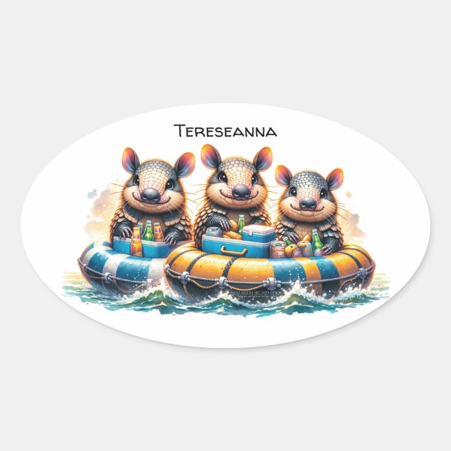 Pegatina Ovalada Personalizado Cute Armadillos Divirtiéndose De Tub (Anverso)