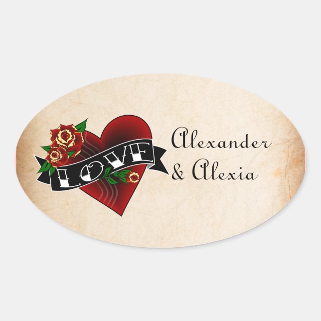 Pegatina Ovalada Personalizado de Tattoo Heart y Rosas (Anverso)