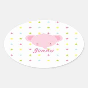 Pegatina Ovalada Personalizado Elefante Bebé Rosa