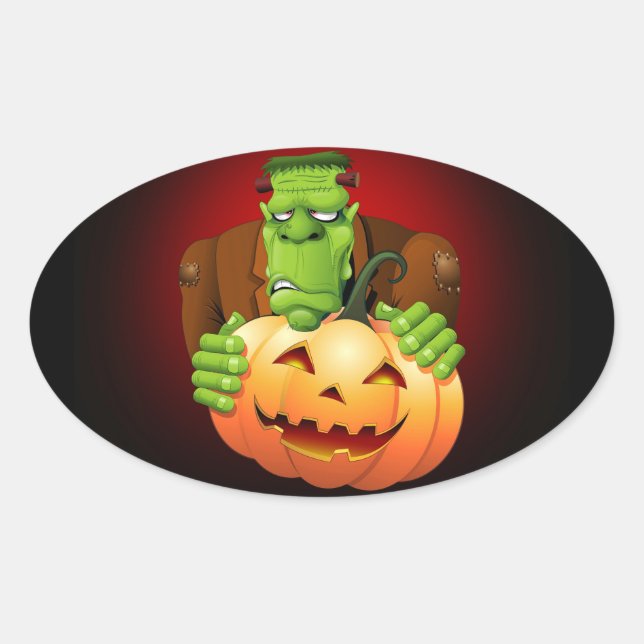 Pegatina Ovalada Personalizado Frankenstein con Calabaza (Anverso)
