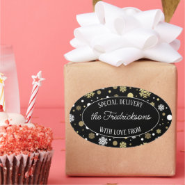 Pegatina Ovalada Personalizado Oro Blanco Copos De Nieve Polkadots