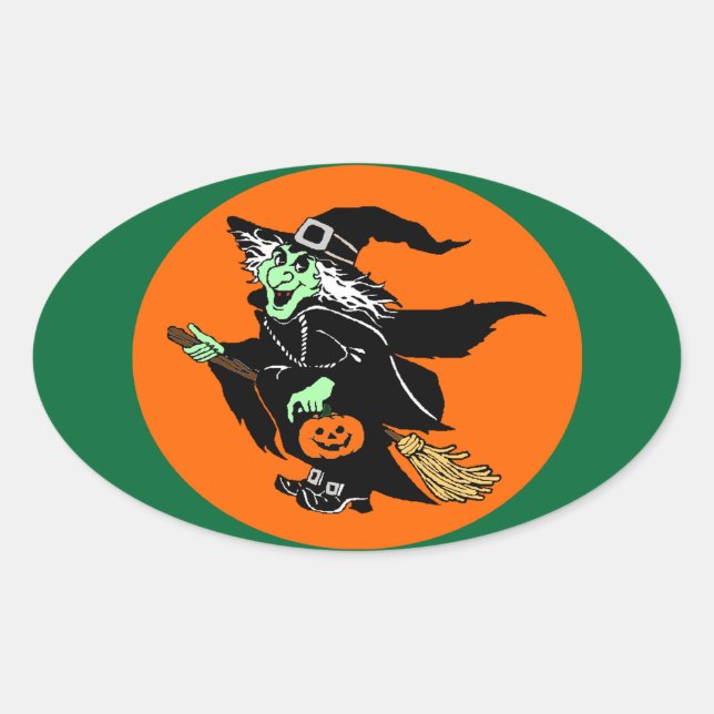 Pegatina Ovalada Personalizado Witch Flying Halloween (Anverso)