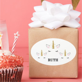 Pegatina Ovalada Personalized Birthday Unicorn Glitter Design with
