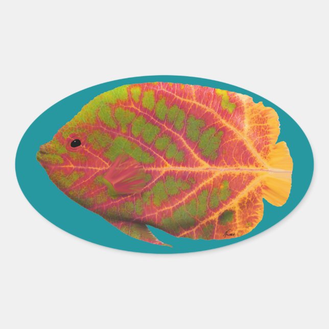 Pegatina Ovalada Pescado tropical de hoja de ave 1 (Anverso)