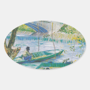 Pegatina Ovalada Pescadores de Van Gogh y barcos en el Pont de Clic