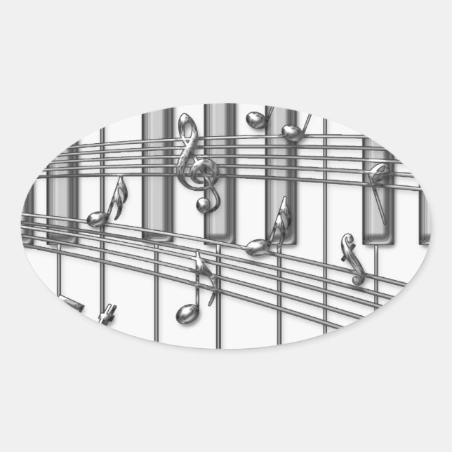 Pegatina Ovalada Piano Keyboard Silver Music Notes (Anverso)