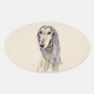 Pegatina Ovalada Pintado Saluki (Amanecer) - Arte Perro Original Cu