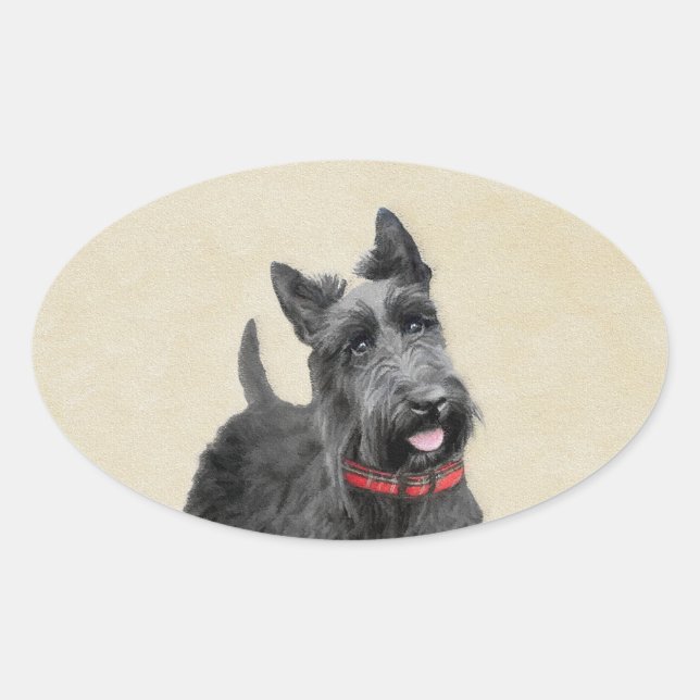 Pegatina Ovalada Pintado Terrier Escocés - Arte Perro Original (Anverso)