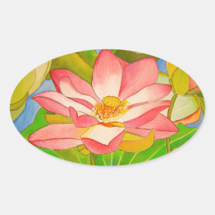 Pegatina Ovalada pintura acuarela rosa Lotus