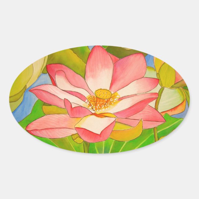 Pegatina Ovalada pintura acuarela rosa Lotus (Anverso)