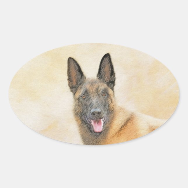 Pegatina Ovalada Pintura belga malinois - Arte de perro original (Anverso)