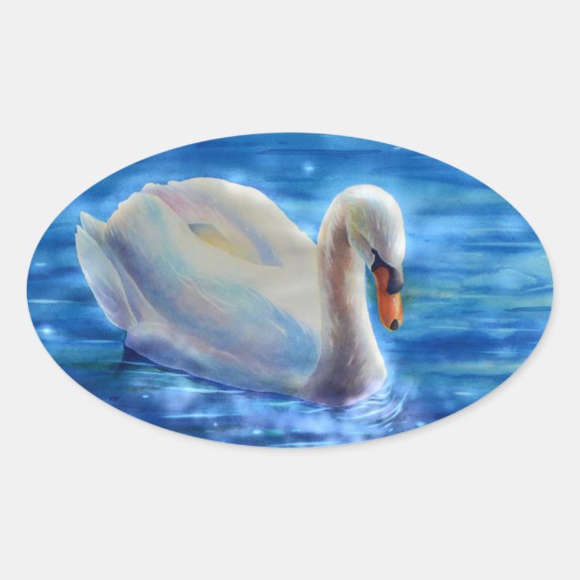 Pegatina Ovalada Pintura de acuarela de cisne blanco (Anverso)