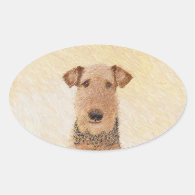 Pegatina Ovalada Pintura de Airedale Terrier - Arte original y boni (Anverso)