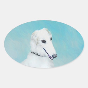 Pegatina Ovalada Pintura de Borzoi (blanco) - Arte de perro origina