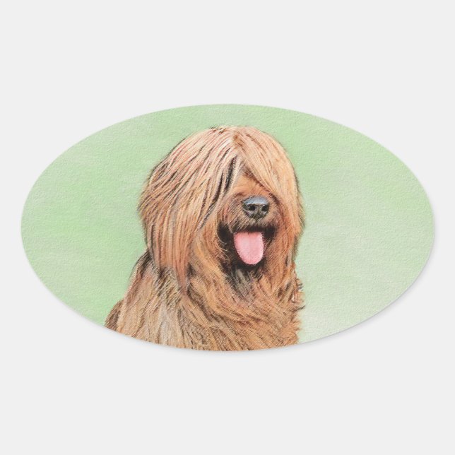 Pegatina Ovalada Pintura de Briard - Arte de Perro Original. (Anverso)