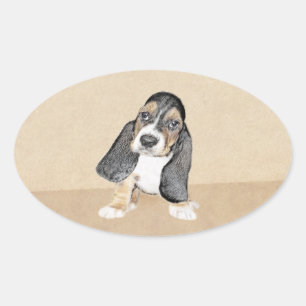 Pegatina Ovalada Pintura de cachorro de abeja de Basset - Arte Perr