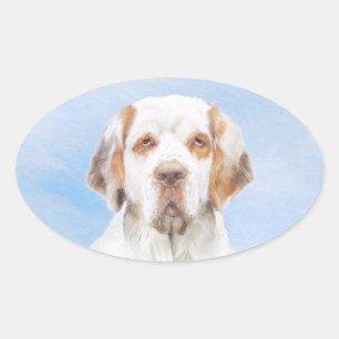 Pegatina Ovalada Pintura de Clumber Spaniel - Arte de Perro Origina