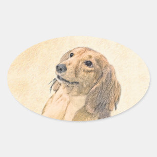 Pegatina Ovalada Pintura de Dachshund (de cabello largo) - Arte Per