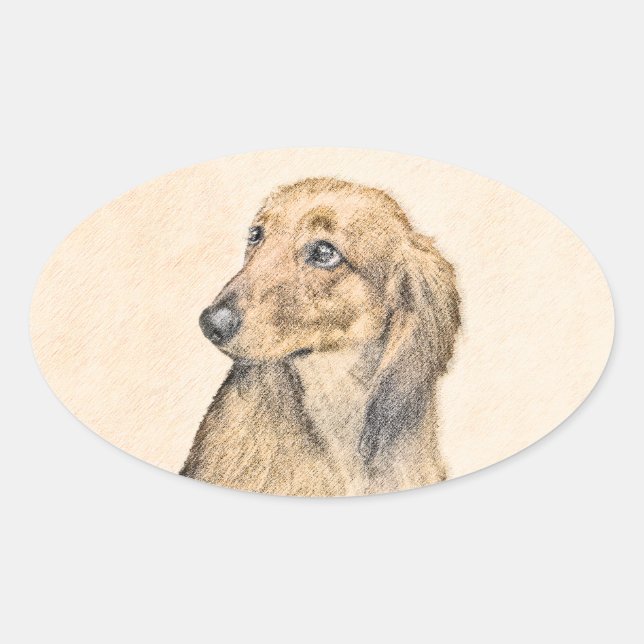 Pegatina Ovalada Pintura de Dachshund (de cabello largo) - Arte Per (Anverso)