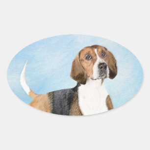 Pegatina Ovalada Pintura de Foxhound inglesa - Arte Perro Original 