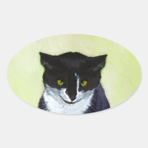 Pegatina Ovalada Pintura de gatos de Tuxedo - Arte de gatos origina