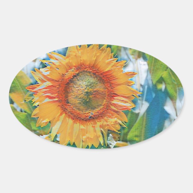 Pegatina Ovalada Pintura de girasol amarillo y naranja (Anverso)
