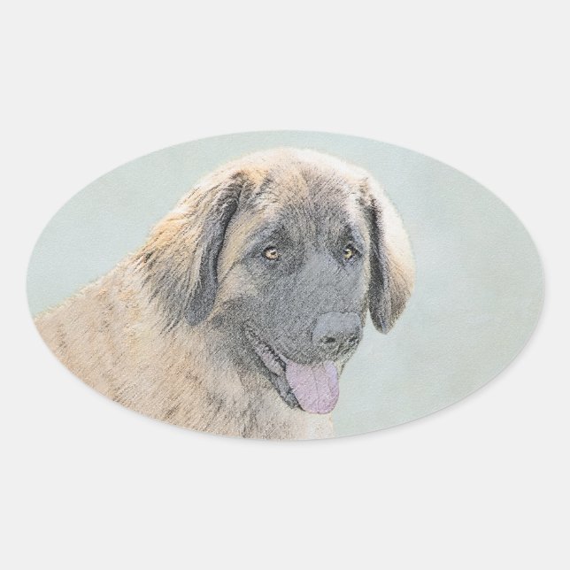 Pegatina Ovalada Pintura de Leonberger - Arte de Perro Original. (Anverso)