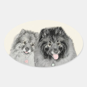 Pegatina Ovalada Pintura de madre y hijo Keeshond - Arte de perro o