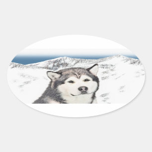 Pegatina Ovalada Pintura de Malamute de Alaska - Arte de Perro Orig