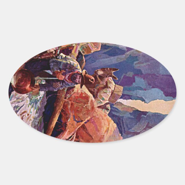 Pegatina Ovalada Pintura de minero y burro vintage (Anverso)