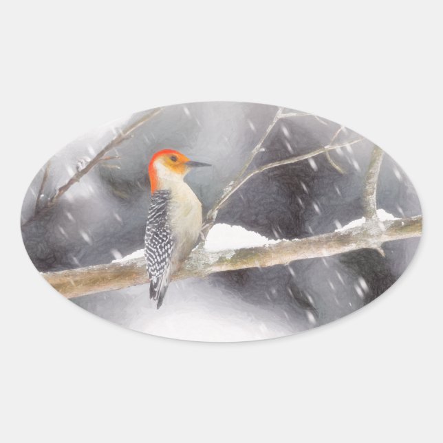 Pegatina Ovalada Pintura de pájaro de madera roja (Anverso)