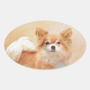 Pegatina Ovalada Pintura de perro Chihuahua de pelo largo Arte orig