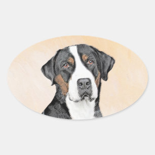 Pegatina Ovalada Pintura de perro de la montaña suiza - Arte origin