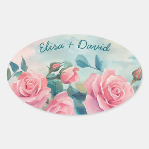 Pegatina Ovalada Pintura de Rosas Rosadas Despedida de Soltera PERS