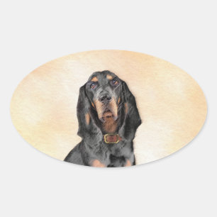Pegatina Ovalada Pintura de sabueso coonhound negro y fuego - Arte